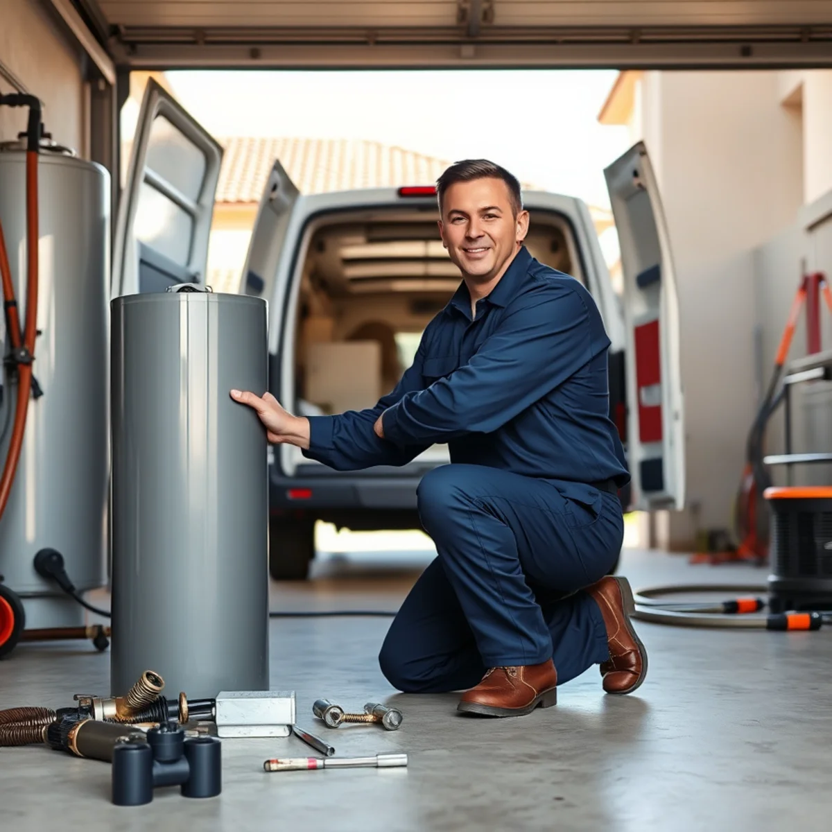Mike's Drain and Plumbing technician servicing a water heater in a Las Vegas, NV home